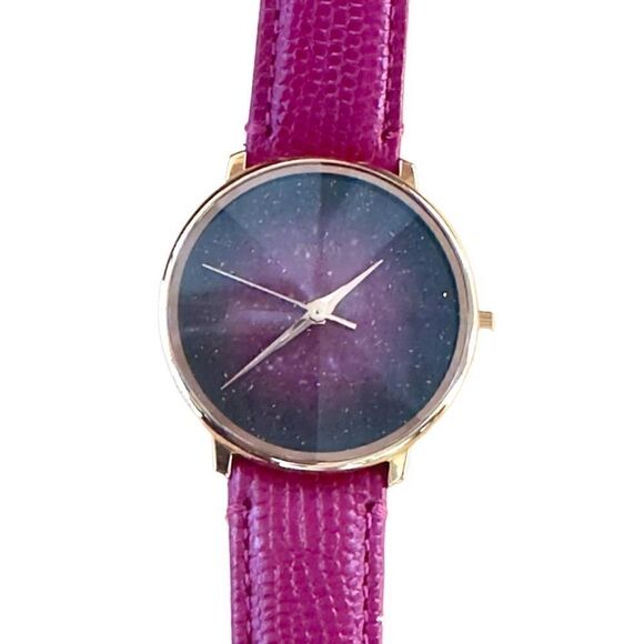 FOSSIL Prismatic Galaxy Three Hand Fuchsia Leather Band Raised Crystal Analog Wa - Picture 4 of 10